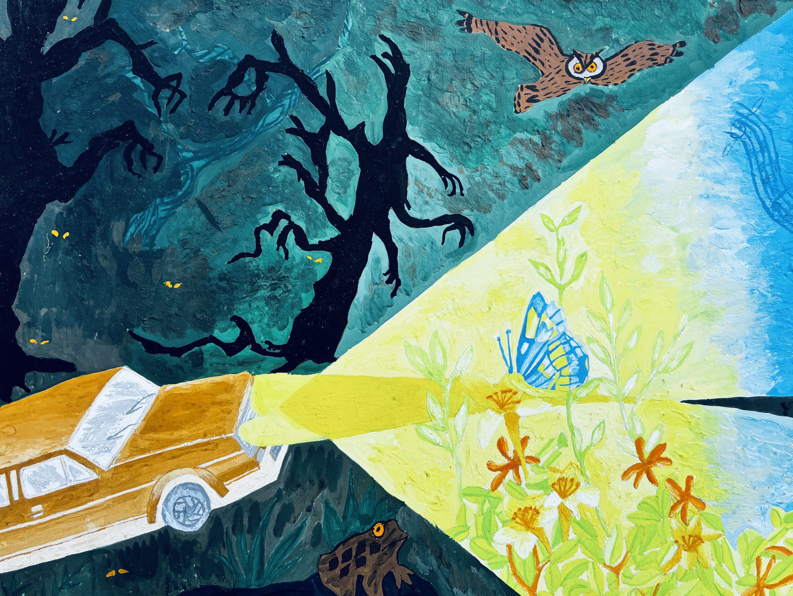 Une voiture marron avance dans la forêt sombre et lugubre la nuit et éclaire avec ses phares un paysage idyllique plein de luminosité avec un paysage verdoyant , lumineux et un papillon : un message de clarté pour la transformation individuelle 