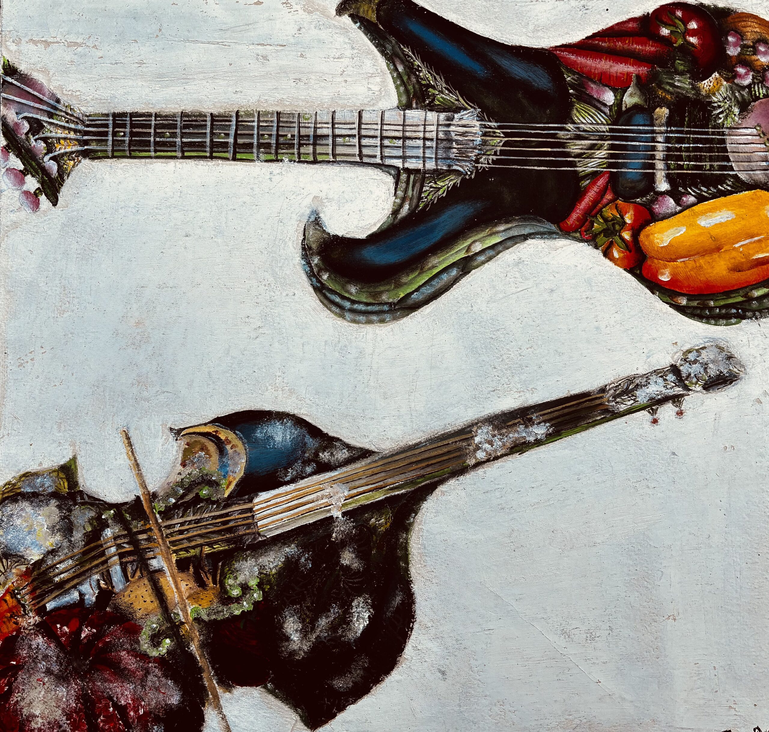 L'opposition entre la nouveauté d'une guitare électrique et ses légumes frais et beaux et le violoncelle vieux avec des légumes pourris : cela représente la nouveauté, lé créativité face à l'ancien, la rigidité, l'immobilisme et la finitude.