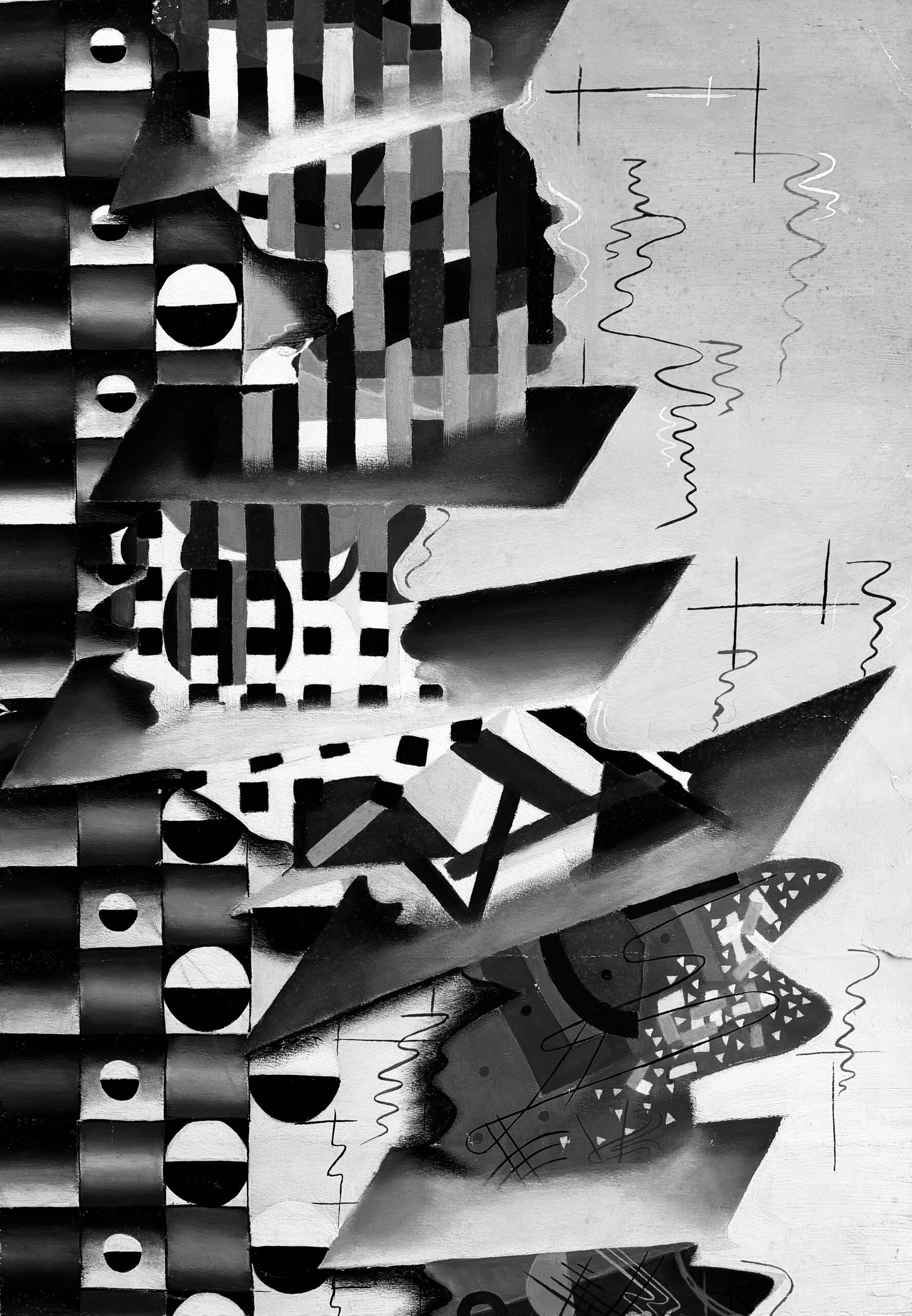 Des carrés, des lignes, des croisements juxtaposés en noir et blanc du côté gauche et un côté droit avec juste quelques traits et un vide gris pâle.