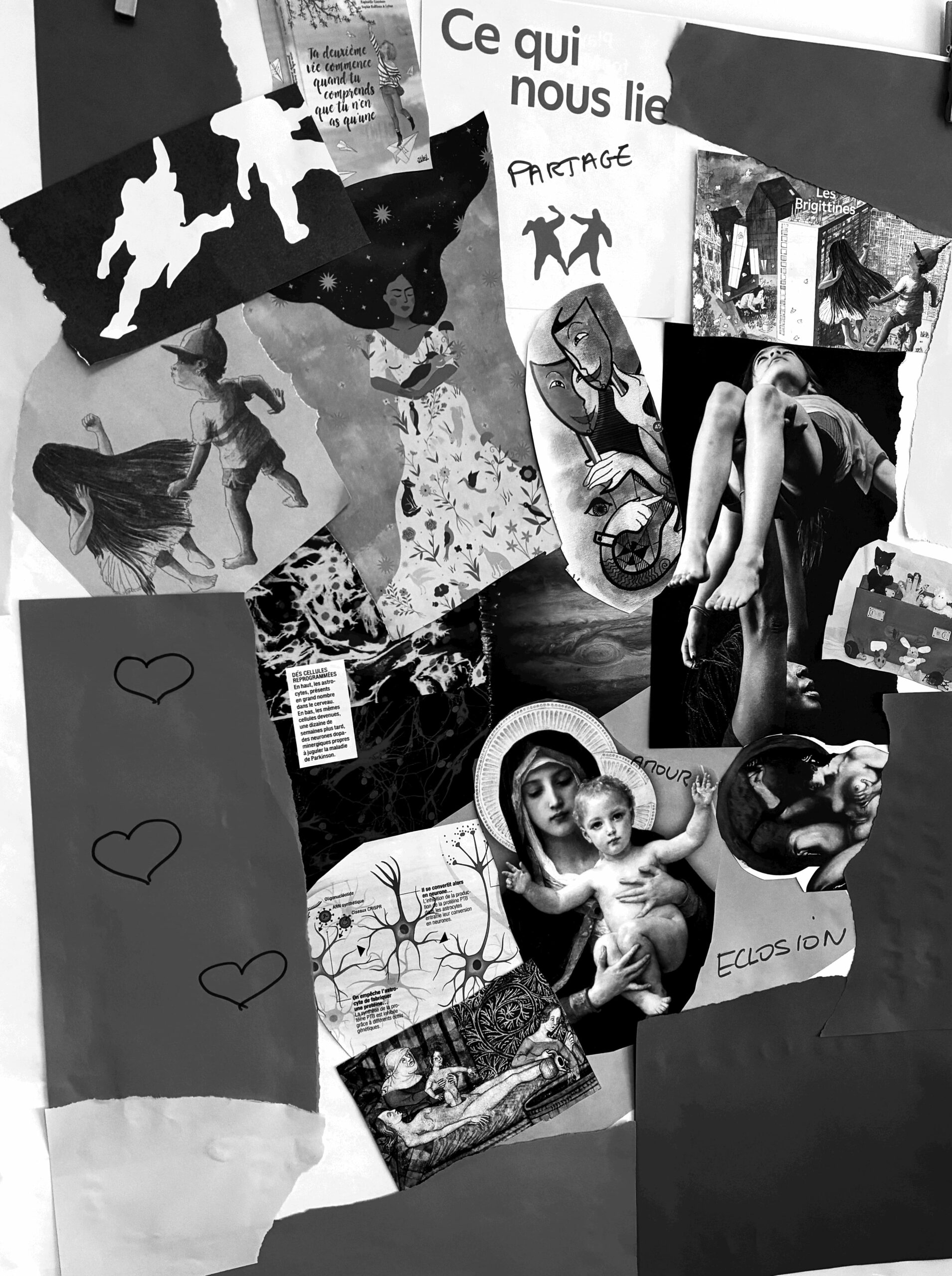 Collage créatif de magazines et de papiers autours du lien , du partage, des cellules qui se développent, une césarienne au moyen-âge, un bébé dans les bras de sa mère au moyen âge, une guerrière nue avec une armure pour la protéger, un adulte qui brandit un enfant, des enfants qui jouent, des masques, une femme et ses cheveux dans les étoiles et l'univers, le partage entre 2 enfants et un livre "La deuxième vie commence quand tu comprends que ru n'en as qu'une...