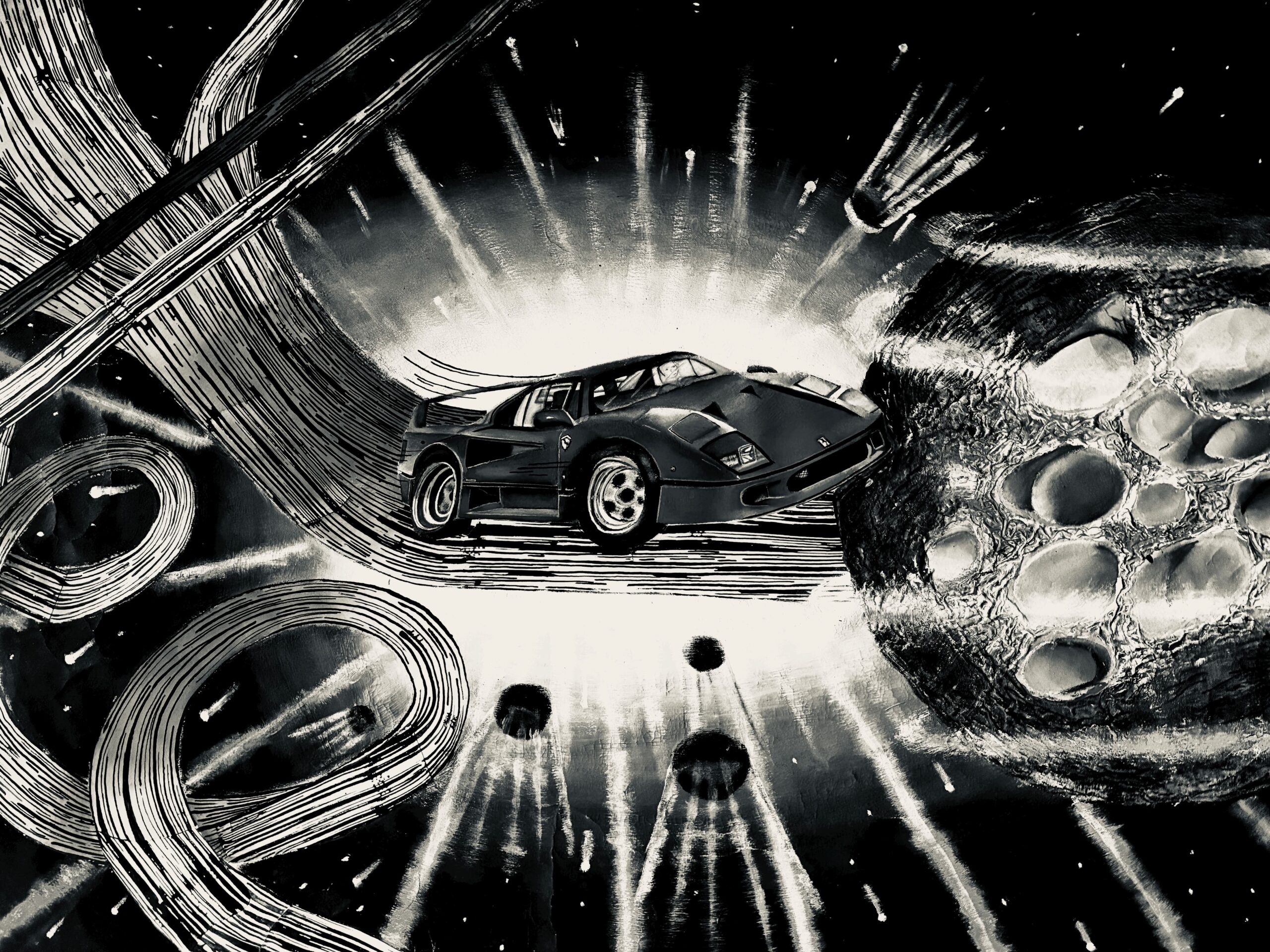 Une Ferrari déboule à toute vitesse depuis un chemin de l'espace au fin fond de l'univers vers une planète déserte avec en arrière plan un soleil lumineux